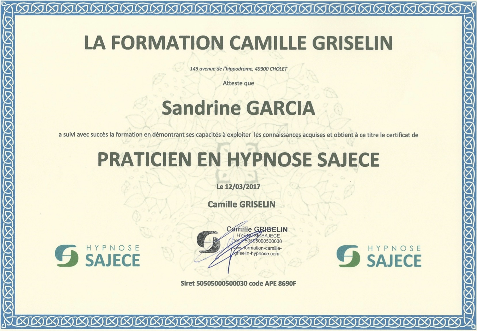 Diplôme Praticien en hypnose SAJECE - Sandrine Garcia