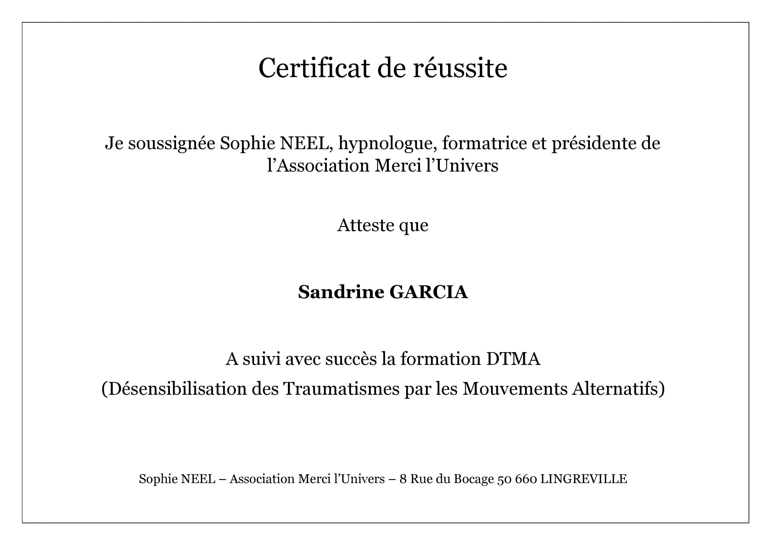 Certificat de réussite - Praticien en DTMA - Sandrine Garcia