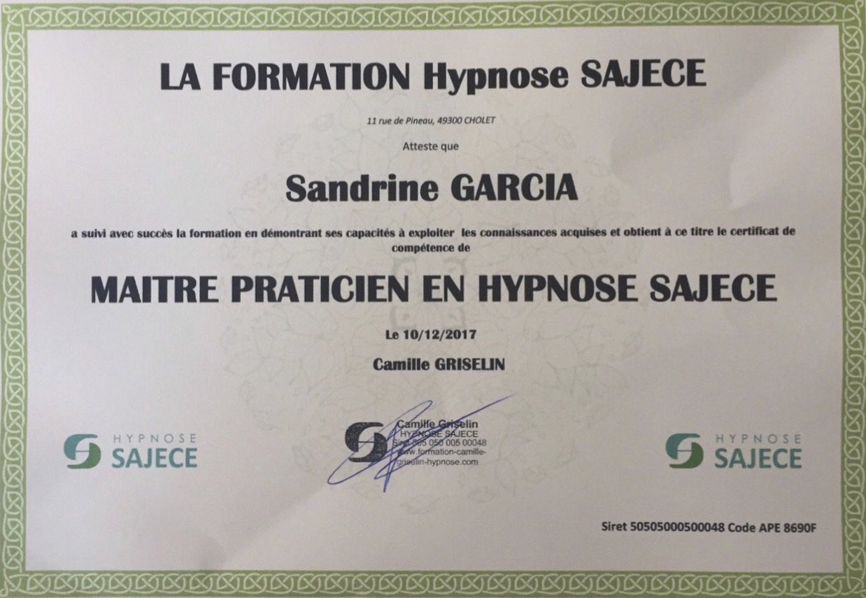 Diplôme Maitre Praticien en hypnose SAJECE - Sandrine Garcia