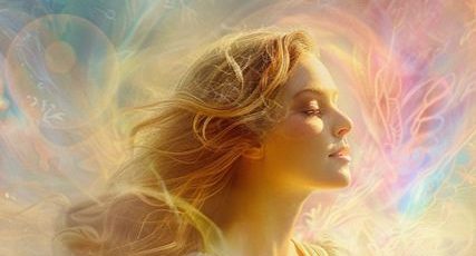 FAQ guidance spirituelle – femme spirituelle émanant amour et puissance divine Femme spirituelle méditant et émanant amour et puissance divine, illustration pour la FAQ guidance spirituelle avec Sandrine Garcia