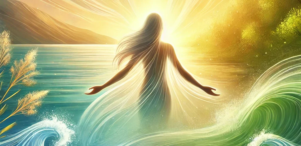 Guidance spirituelle et channeling avec Sandrine Garcia Femme angélique ouvrant les bras devant un lac lumineux, symbole de guidance spirituelle et de channeling