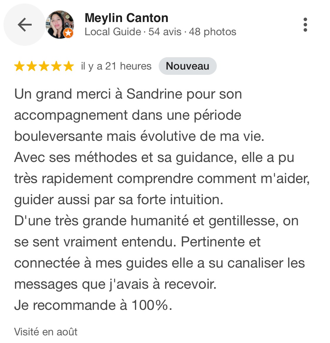 Avis 5 étoiles de Meylin - guidance spirituelle et libération émotionnelle Avis de Meylin en guidance spirituelle, avec Sandrine Garcia