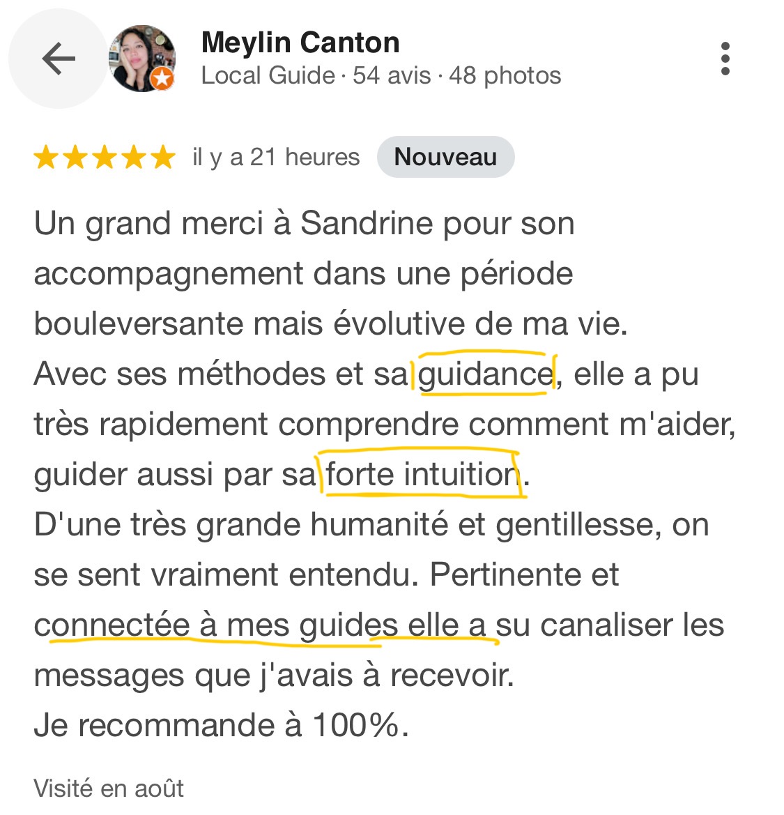 Avis client – Guidance spirituelle et channeling Avis Google de Meylin sur Sandrine Garcia, praticienne intuitive, pour un accompagnement en guidance spirituelle et channeling