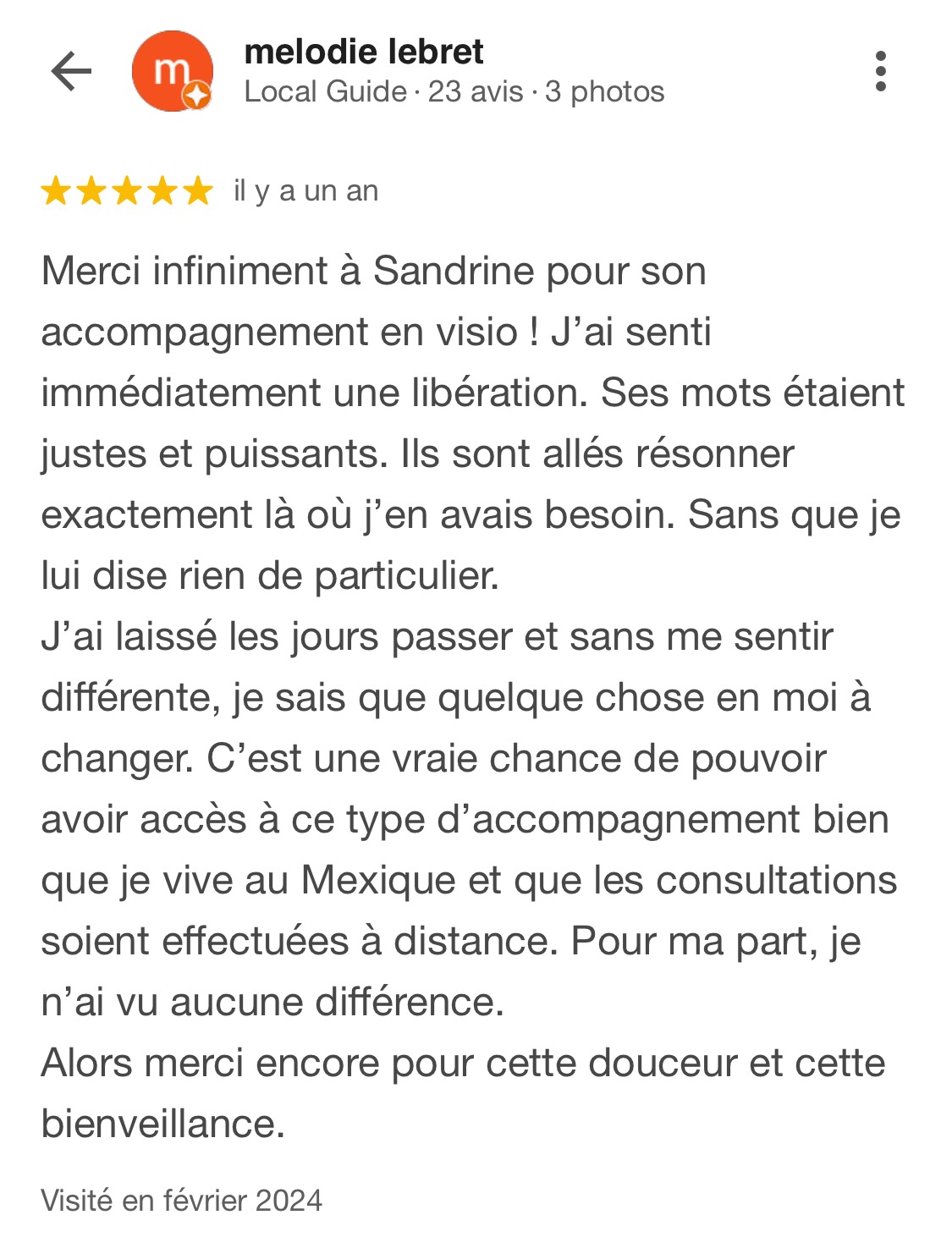 Avis – Mélodie - sur la guidance spirituelle et la libérationne émotionnelle Avis de Mélodie 5 étoiles sur la séance avec Sandrine Garcia
