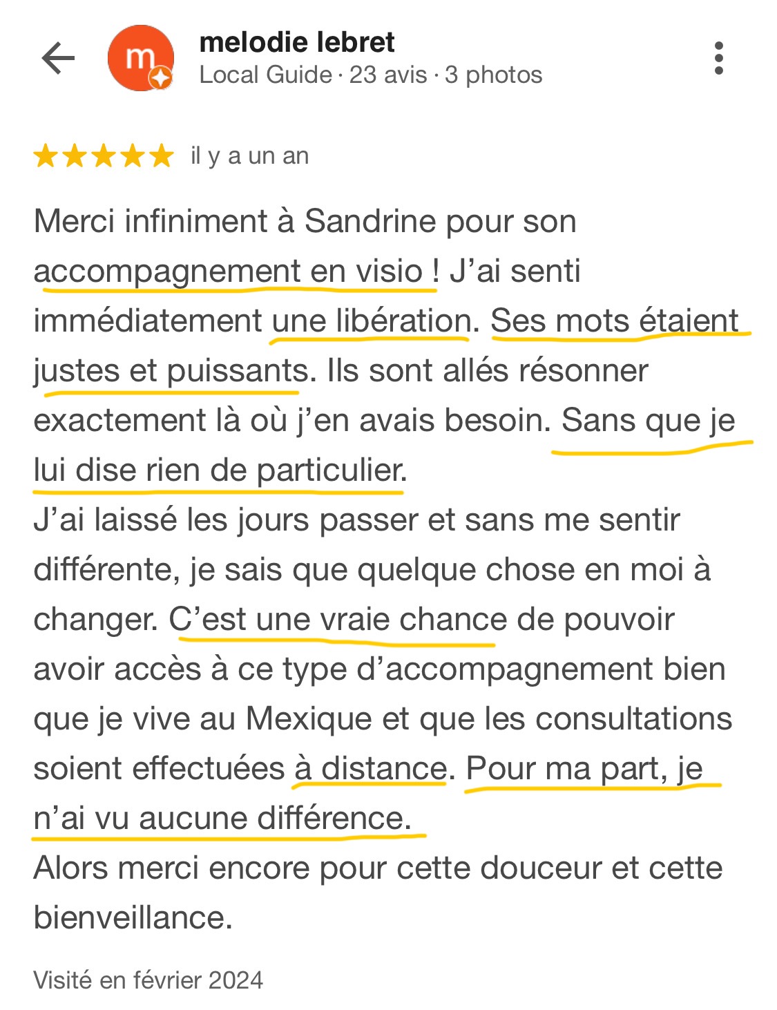 Avis client – Guidance spirituelle et channeling Avis Google de Mélodie sur Sandrine Garcia, messagère spirituelle et praticienne intuitive, pour un accompagnement en guidance spirituelle et channeling à distance