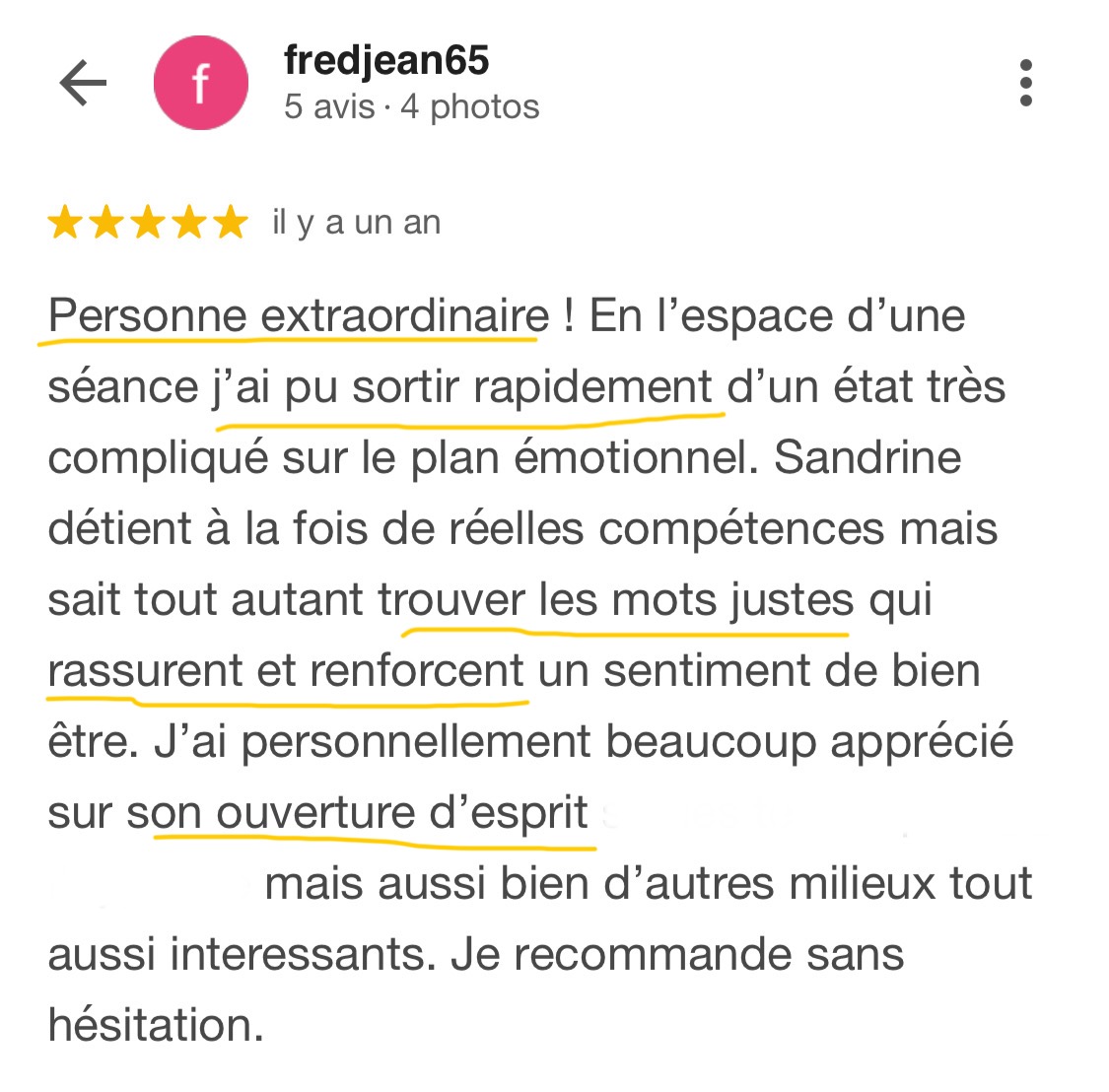 Avis client – Guidance spirituelle et channeling Avis Google de Fred sur Sandrine Garcia, praticienne intuitive et messagère spirituelle en guidance et channeling