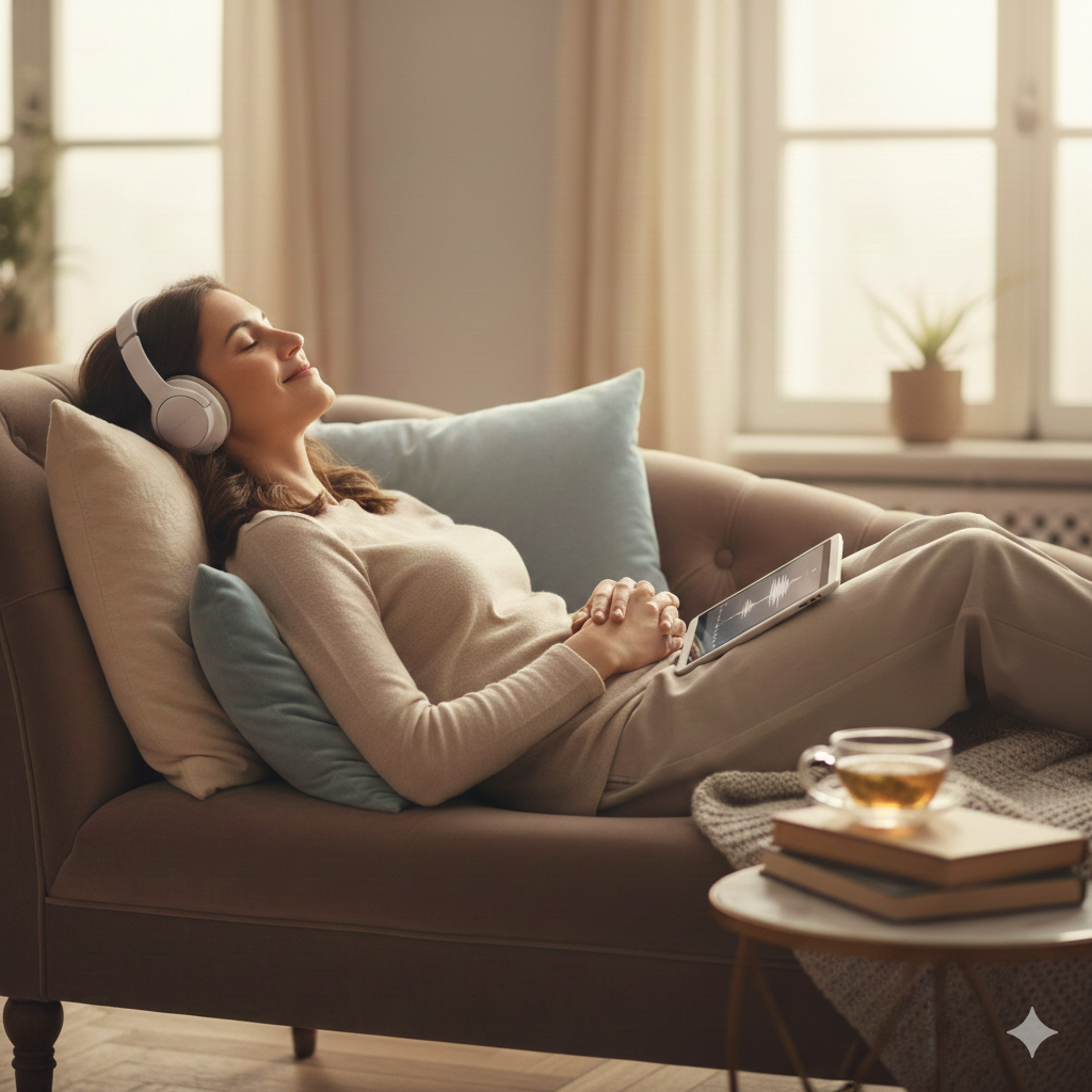 Femme qui prend plaisir à écouter une séance d'hypnose MP3 personnalisée