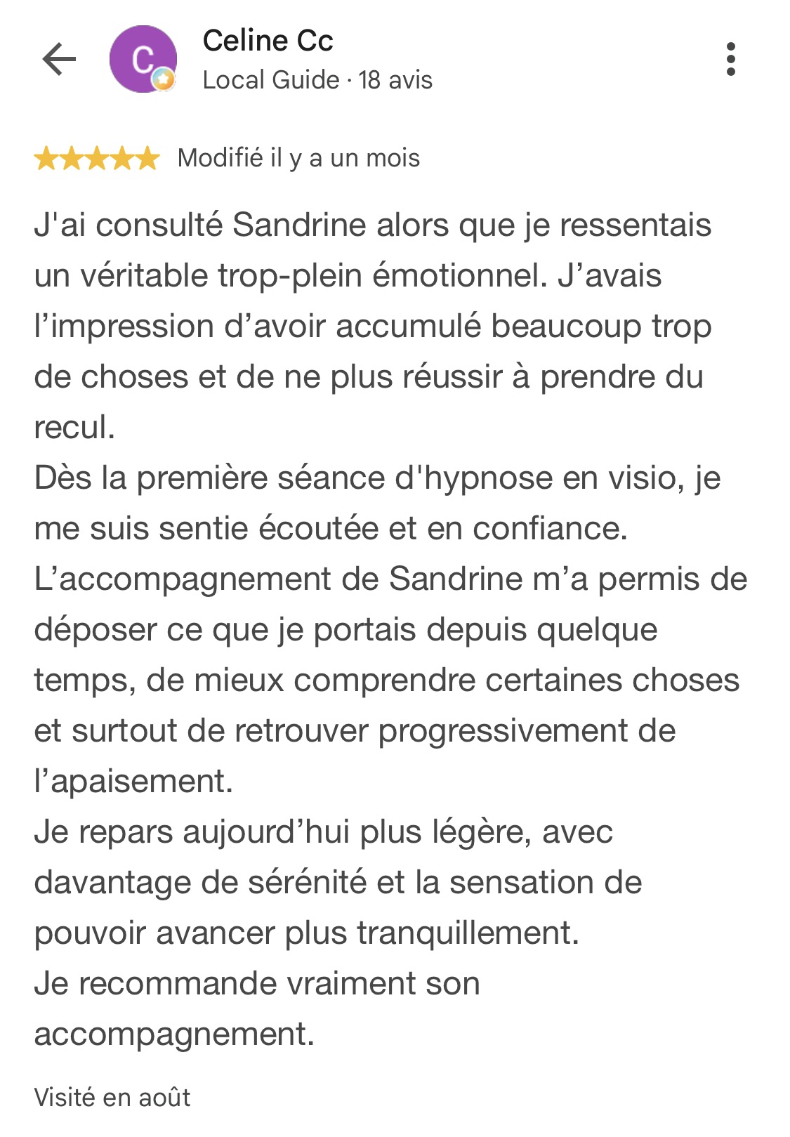 Avis Google – Celine Cc Avis Google de Celine Cc sur son expérience avec Sandrine Garcia
