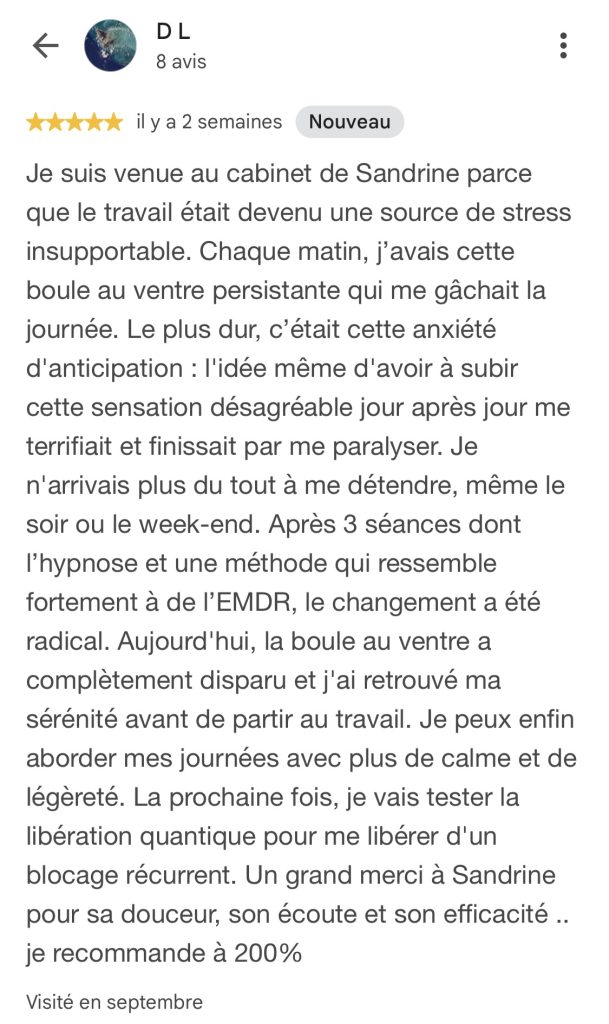 Avis Google – D L Avis Google de D L sur son expérience avec Sandrine Garcia