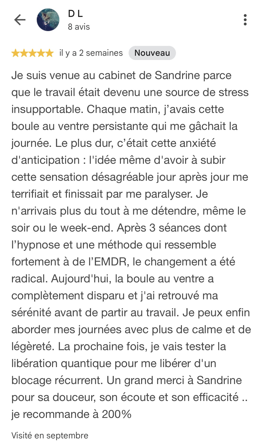 Avis Google – D L Avis Google de D L sur son expérience avec Sandrine Garcia