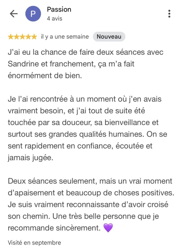 Avis Google – Passion Avis Google de Passion sur son expérience avec Sandrine Garcia
